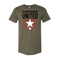 Stuntwomen United graphic t-shirt in green featuring the star and stripe logo design.
